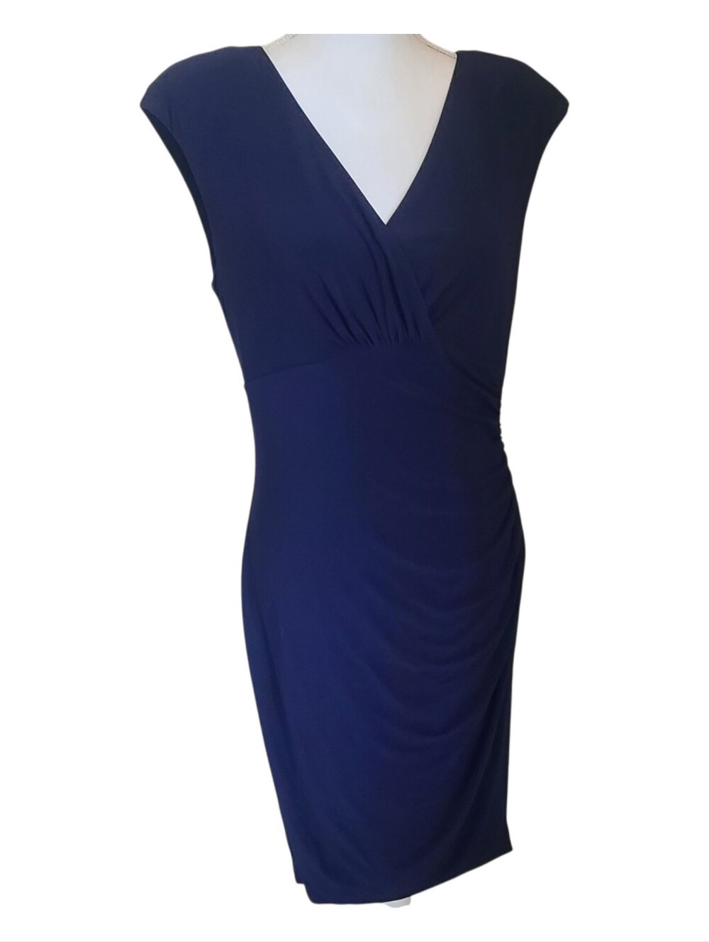 lauren ralph lauren navy surplice ruched jersey sheath dress navy blue size 12
